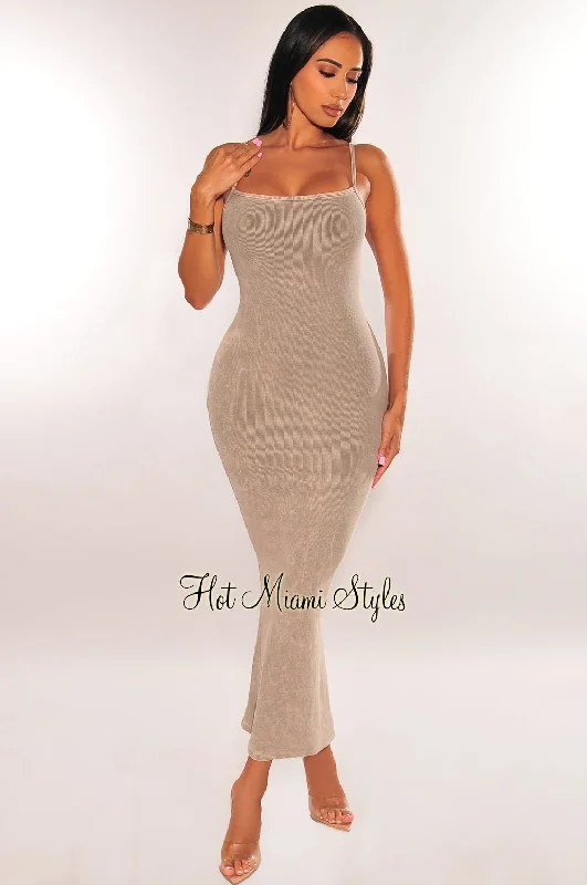 Taupe Vintage Wash Ribbed Spaghetti Straps Scoop Back Vent Maxi Dress ASOS maxi dresses