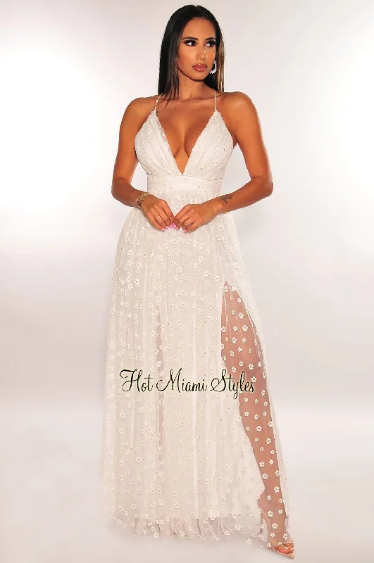 White Floral Embroidered Mesh Criss Cross Back Double Slit Maxi Dress Stretchy maxi dresses