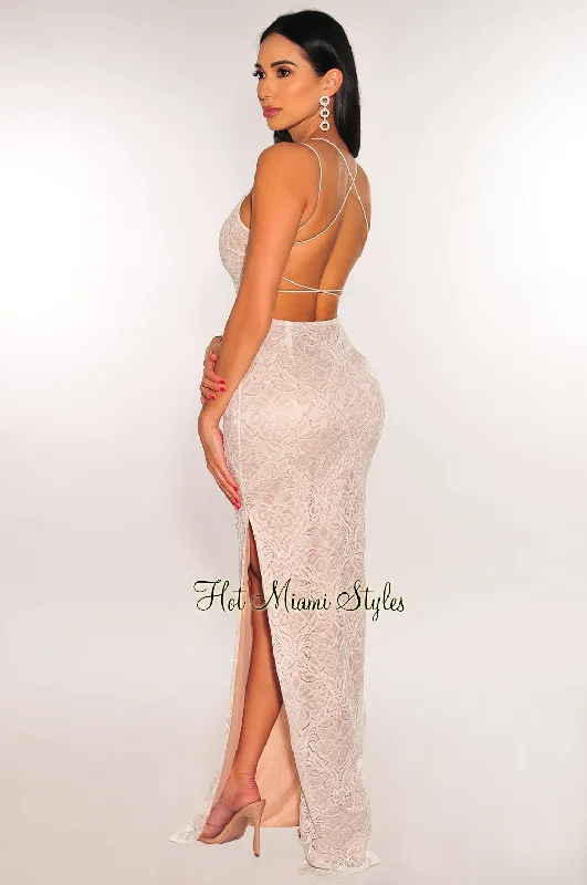 White Nude Floral Lace Elastic Straps CrissCross Back Slit Maxi Dress Birthday maxi dresses