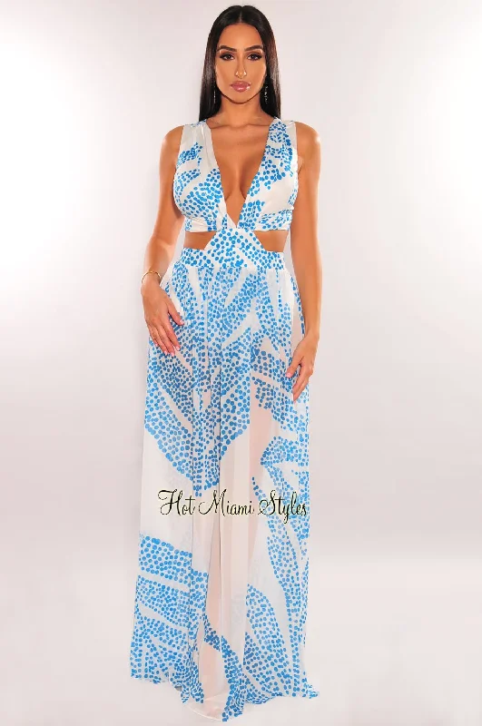 White Teal Palm V Neck Cut Out Maxi Dress Knitted maxi dresses