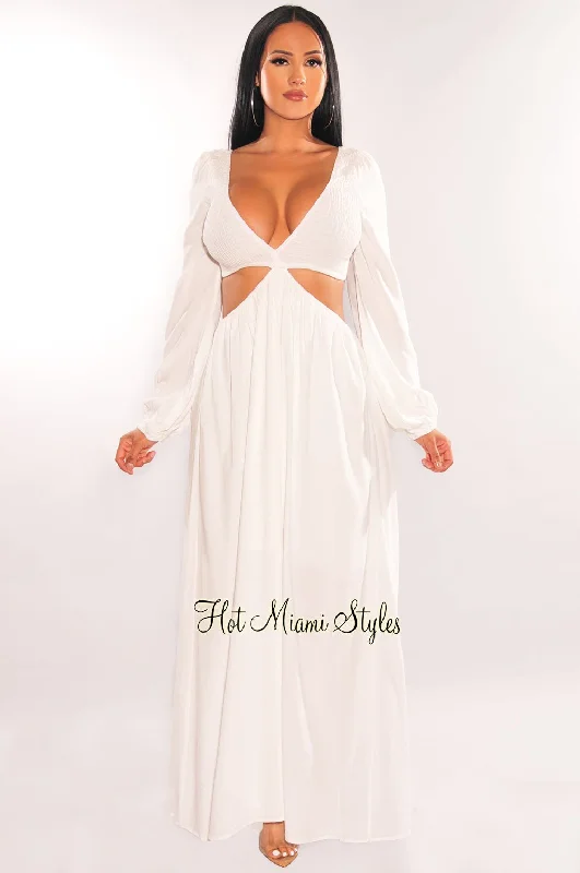 White V Neck Smocked Cut Out Long Sleeve Maxi Dress Wedding guest maxi dresses