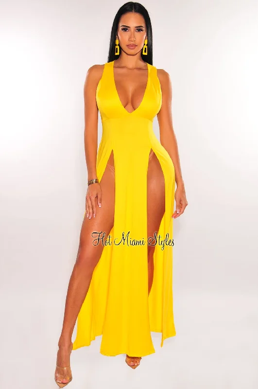 Yellow Sleeveless V Neck Double Slit Cover Up Maxi Dress Best value maxi dresses