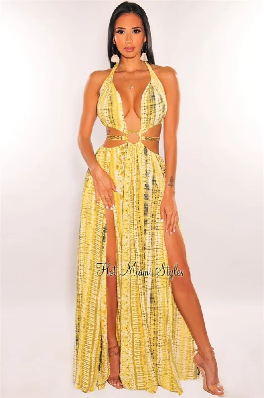 Yellow Tie Dye O-Ring Cut Out Gold Belted Double Slit Maxi Dress Glamorous maxi dresses