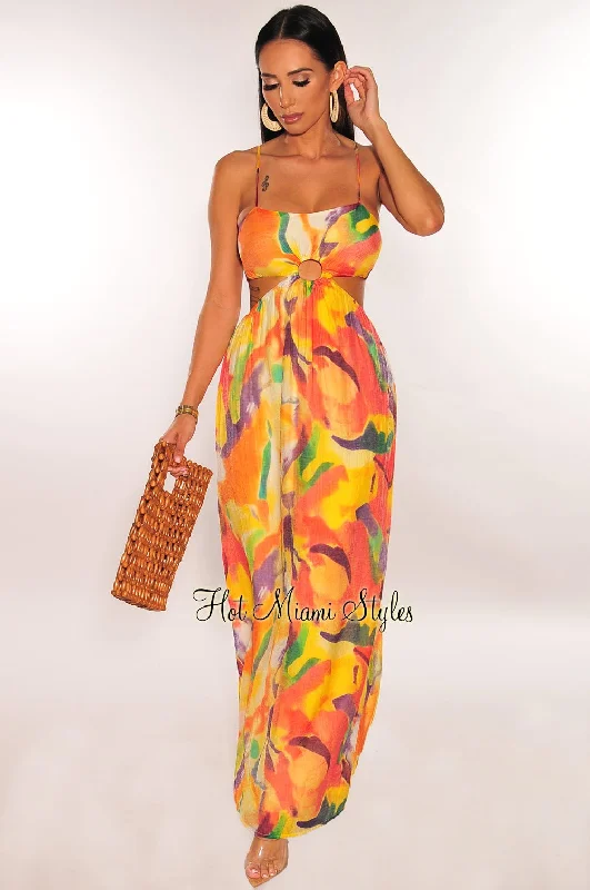 Yellow Watercolor Print O Ring Cut Out Maxi Dress Spring maxi dresses