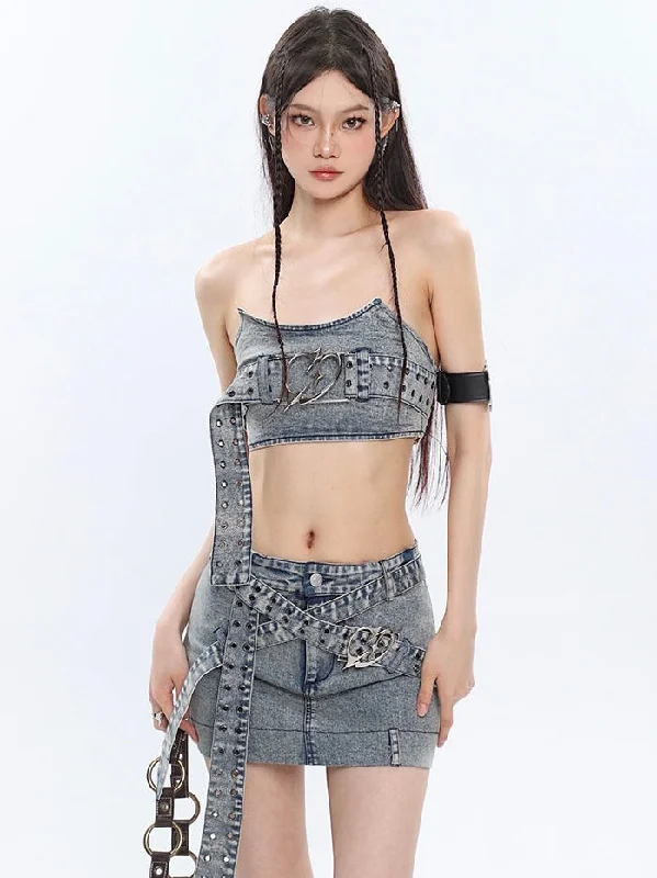 Chrome Denim Heart Belt Bandeau Top + Denim Belt Wrap Mini Skirt + Denim Micro Flare Jeans Pants Matching Set