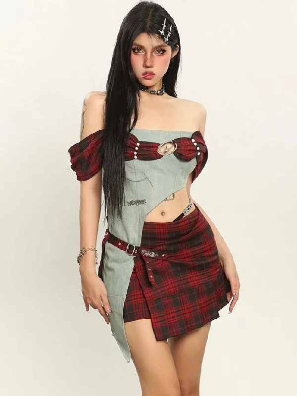 Dauna Red Check Paneled Denim College Off-the-Shoulder Top + Belt Strap Mini Skirt Matching Set Mini Skirt Look