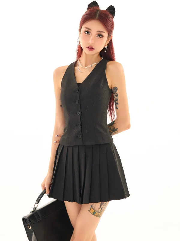 Evelyn Solid Color Shimmer V-Neck Wide Strap Button Up Vest + High Waist Shimmer Pleated Mini Skirt Matching Set Colorblock Mini Skirt