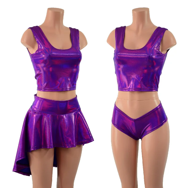 Grape Holographic 3PC Rave Skirt, Shorts & Top Set