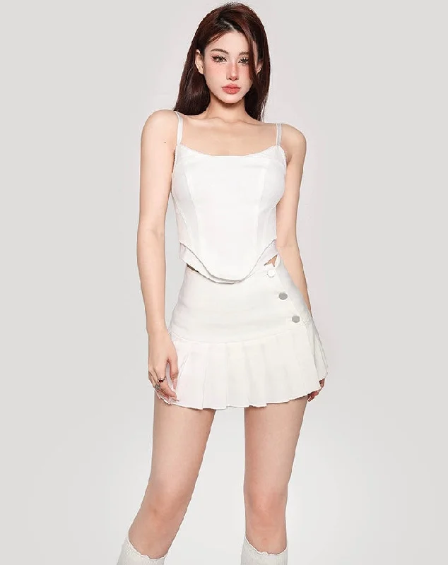 Hilary Solid Color Spaghetti Strap Bustier Top + High Waist Pleated Mini Skirt Matching Set