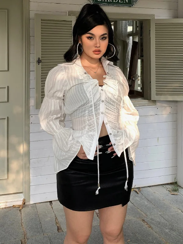 Jenna Solid Color See Through White Long Puffed Sleeve Button Up Shirt + Black High Waist Mini Skirt Matching Set Raw Hem Mini Skirt