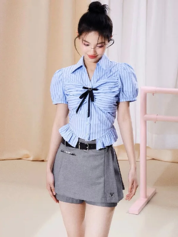 Jennie Blue Stripe Short Sleeve Bow Silver Brooch Button Up Top + Solid Color High Waist Pleated Mini Skirt Cute Matching Set Floral A-line Skirt