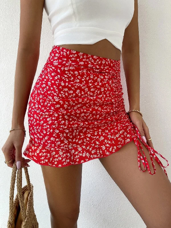 Knot Ruched Mermaid High Waist Ruffle Hem Mini Skirt Summer Skater Skirt