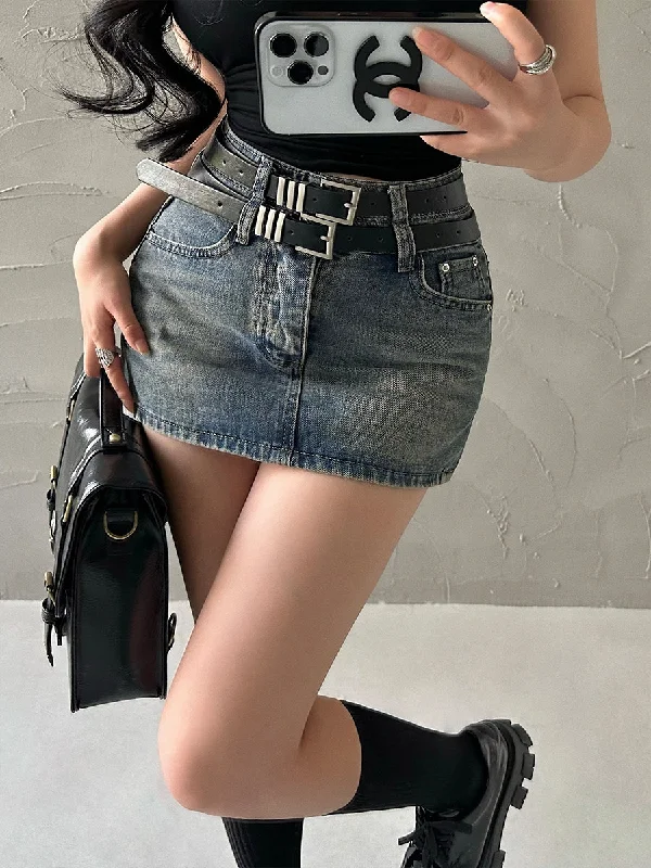 Latia Denim Blue High-waisted Double Belt Slim Jeans Mini Skirt Casual Summer Skirt