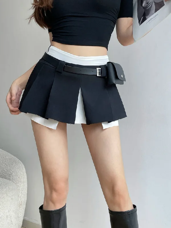 Latisha Contrast Color Preppy Style High Waist Pack Fake Two Pleated Split Mini Skirt Trendy Mini Skirt