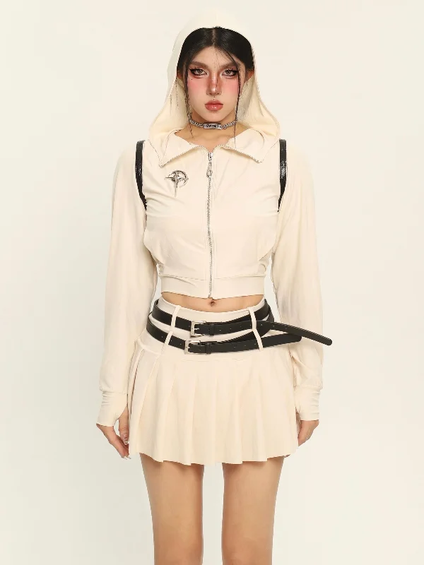 Lena Solid Solid Long Sleeve Zip Up Cropped Hoodie + Double Belt Strap Pleated Mini Skirt Matching Set High-waist Skirt Trend