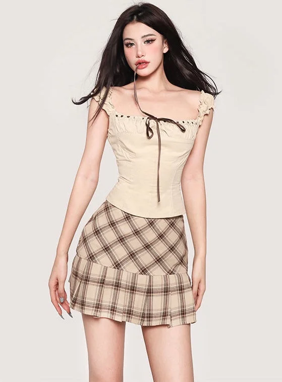 Maya Solid Color Khaki Lace Tie Wide Sleeve Square Neck Slim Top + Khaki Plaid High Waist Mini Skirt Matching Set Sexy Leather Skirt