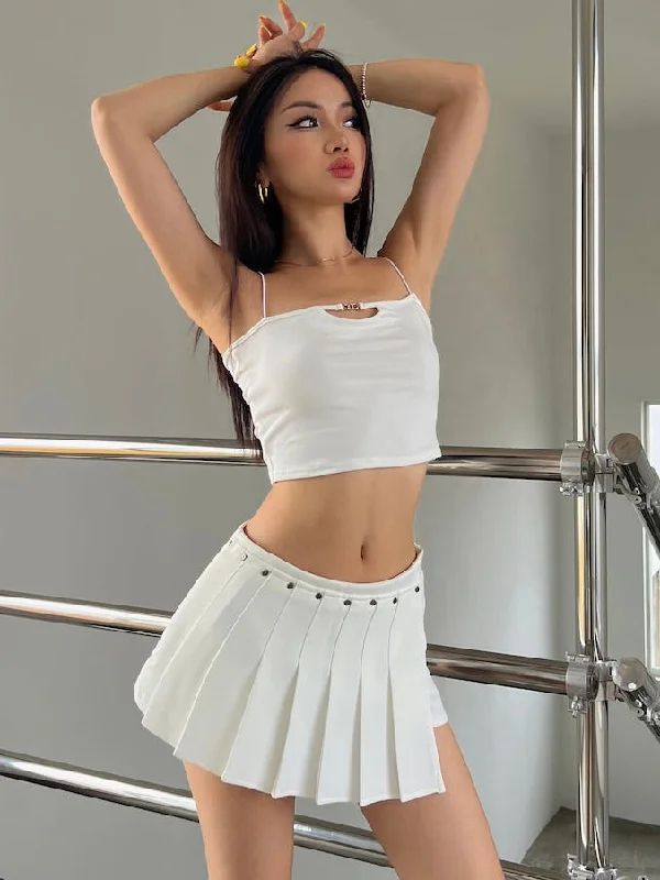 Mia Solid Color Irregular Shape High Waist Pleated Mini Skirt Button-front Mini Skirt