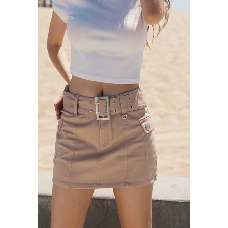 Micro Mini Skirt with Metal Belt - Khaki Bold Mini Skirt