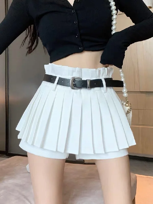 Nessa Solid Color White Pleated High Waist Belt Mini Skirt Fringed Mini Skirt