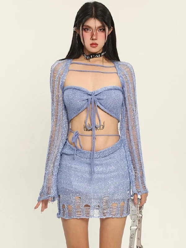 Polly Solid Color Distressed Knitted Halter Cropped Top + Low Waist Strap Mini Skirt Matching Set Summer Mini Skirt