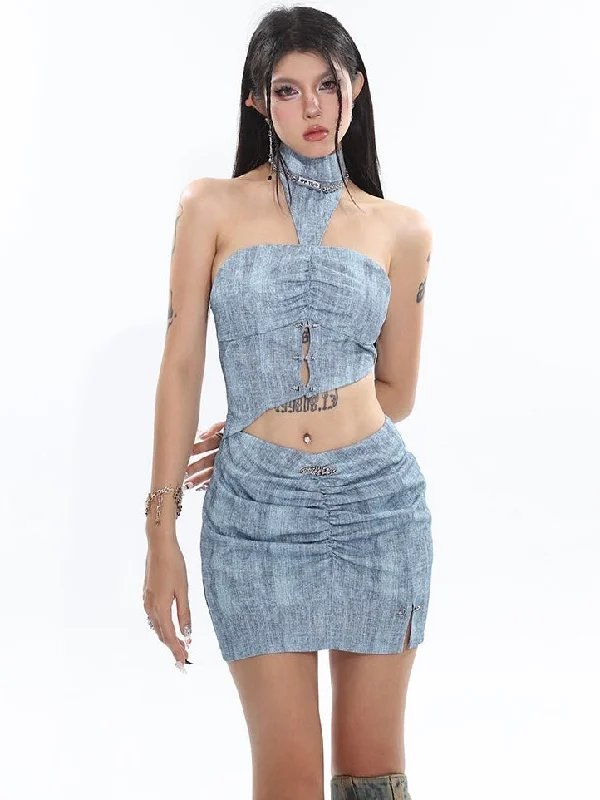 Sloan Blue Halter Neck Cut Out Asymmetrical Bandeau Top + High V-Waist Pleated Slim Mini Skirt Matching Set Stylish Mini Skirt