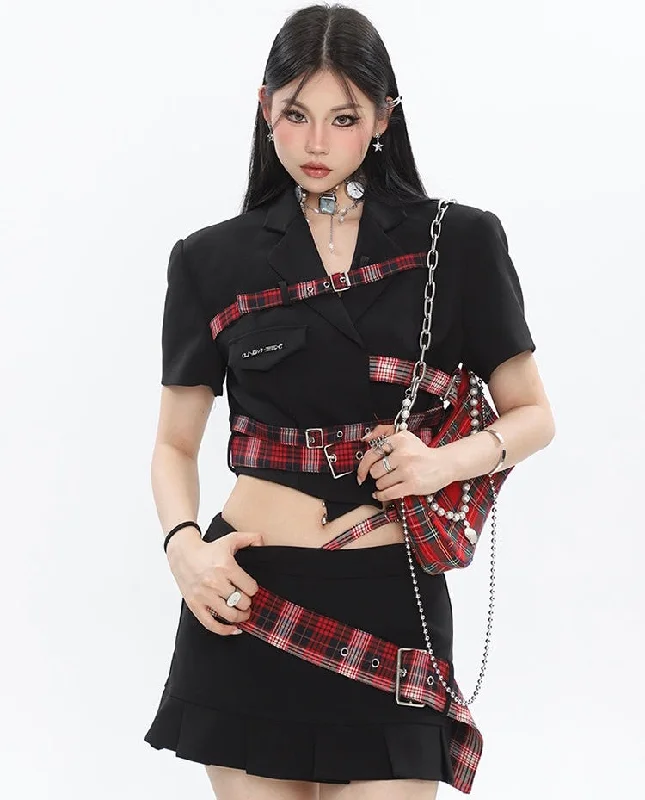 Suzy Red Plaid Short Sleeve Waist Belt Cropped Top + High Waist Black Belt Mini Skirt Matching Set