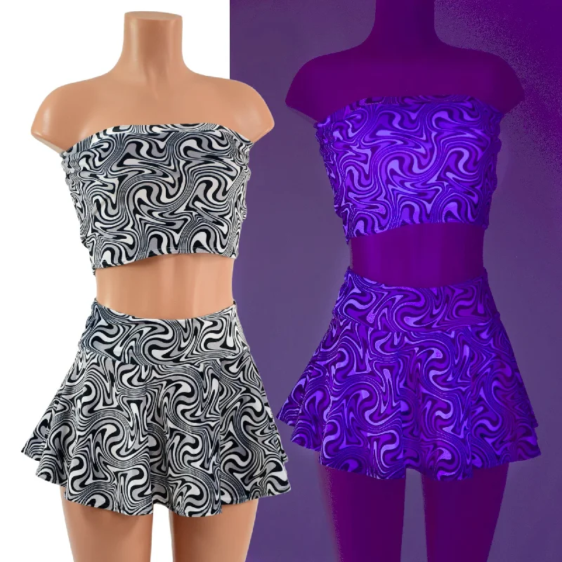 UV Glow Distortion Velvet Mini Rave Skirt and Strapless Top Set