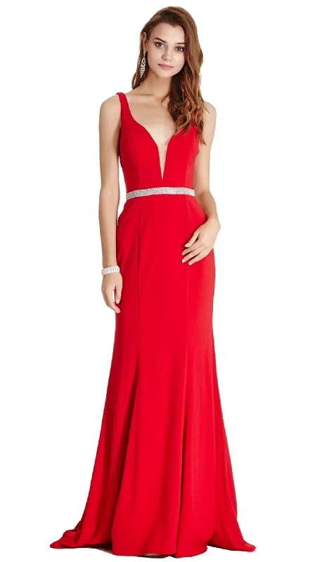 Aspeed Design - Embellished Deep V-neck Sheath Prom Dress