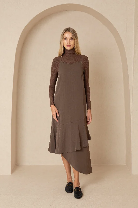 Brown Asymmetrical Ruffle Jumper Casual unclassified dresses