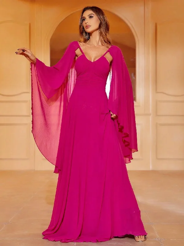 Elegant Cape Sleeves Chiffon Formal Dress Ruched unclassified dresses