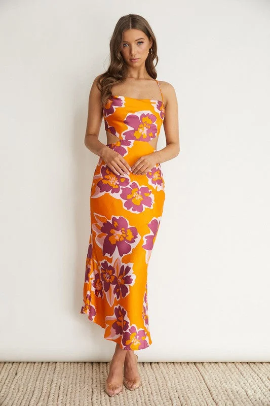 Orange Floral Cowl Cut Out Waist Open Back Midi Cocktail Dress Bachelorette party dresses