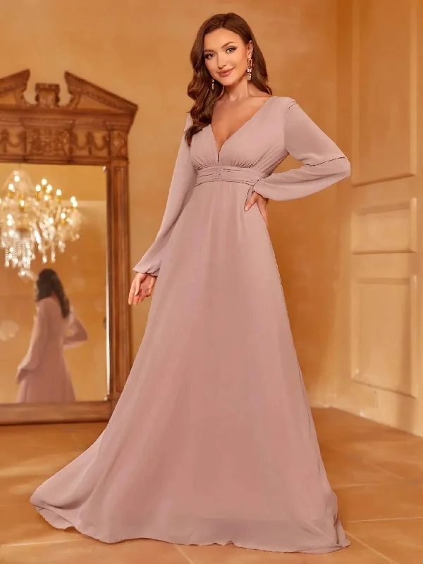 Solid Plunging Neck Lantern Sleeve Chiffon Bridesmaid dress