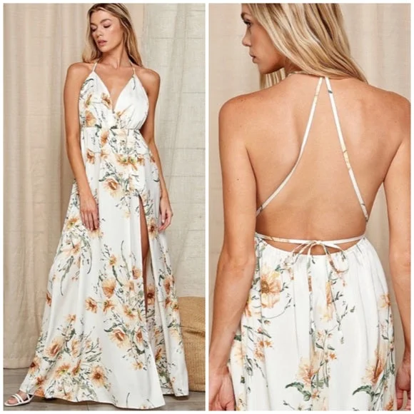 White Floral Print Halter Open Back Maxi Full Long Length Dress Gown W/ Slit Dinner party dresses