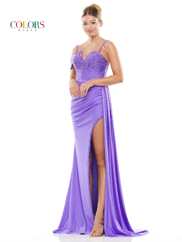 Colors 3297 Long Beaded Slit Drape Skirt Prom Dress Comfortable Long Skirt