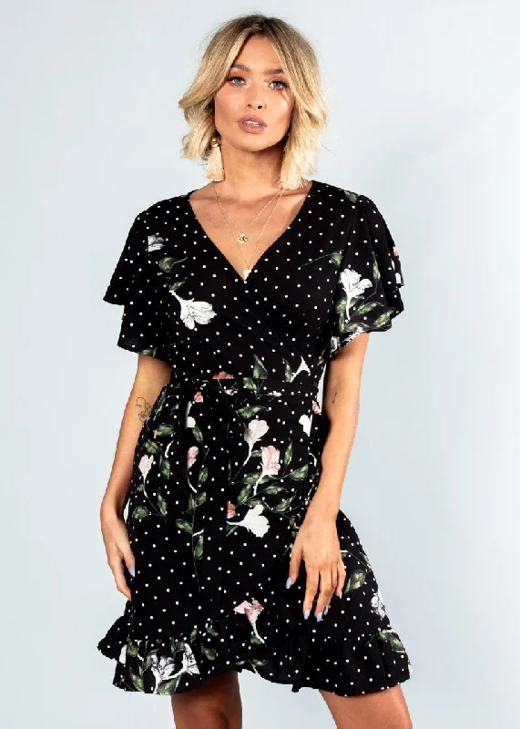 Beyond Belief Wrap Dress - Black Floral Discounted floral dresses