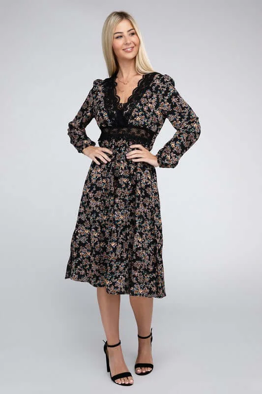 Black Contrast Lace Floral Print Dress