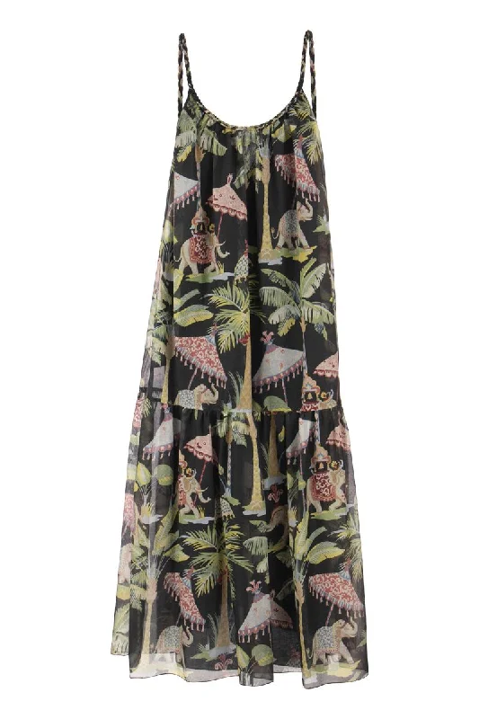 Elephant print cotton and silk dress Sexy floral print dresses