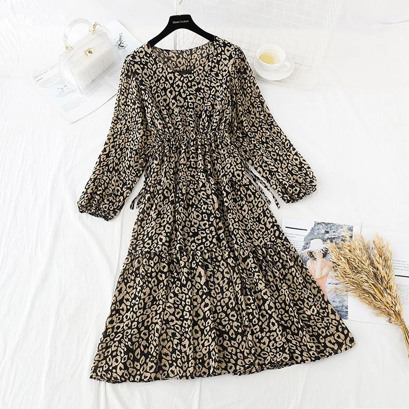 Long sleeved Chiffon Dress leopard print floral retro French bottomed skirt  4697