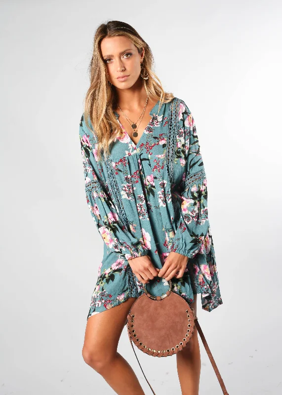 My Love Swing Dress - Teal Floral Silk floral dresses