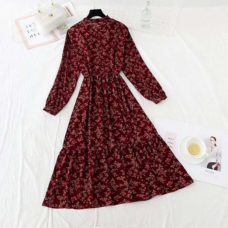 New long sleeved chiffon skirt sweet waist slim gentle wind Floral Dress  4546