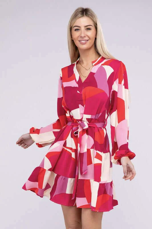 Pink Notched Neck Bold Pattern Belted Dress Best floral dresses for hourglass body shape