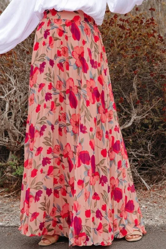 Printed Elastic Waist Pleated Maxi Skirt Ruffled Maxi Skirt