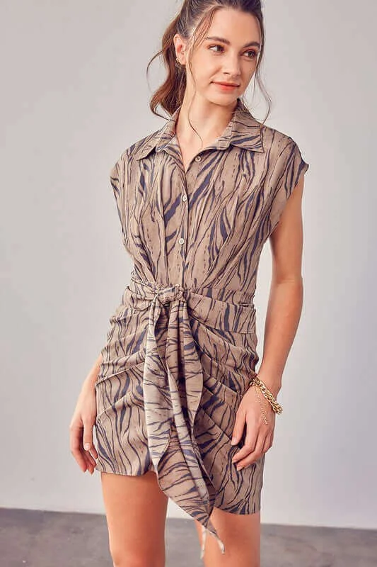 Taupe Printed Front Tie Dress