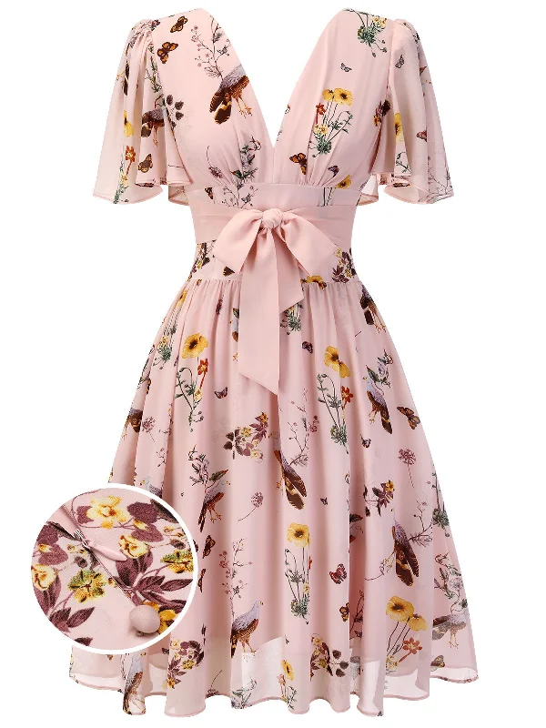 AGATHA | PINK V-NECK FLORAL BOW DRESS Flattering floral dresses for all body types