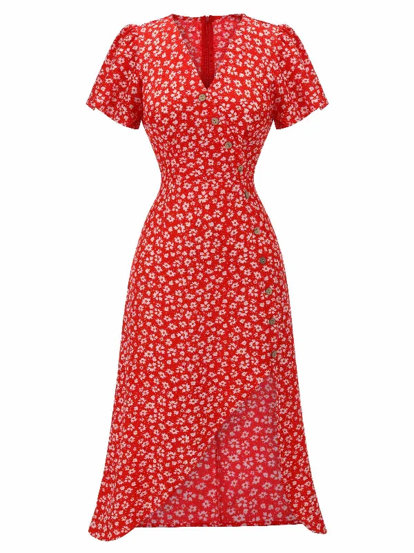 SELMA | RED FLORAL V-NECK DRESS Versatile floral dresses for all occasions