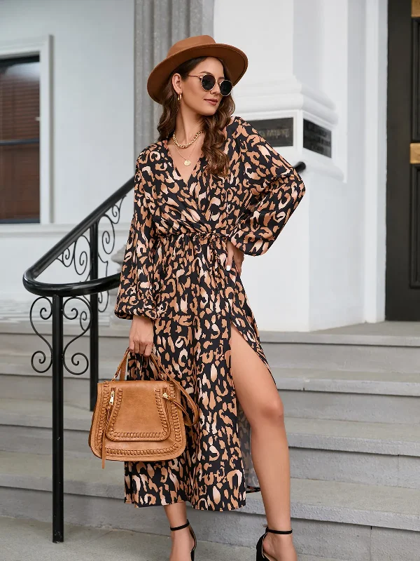 Ramadan /Eid Fashion Elegant Women V-Neck Slit Leopard Printed Dress Vintage floral dresses