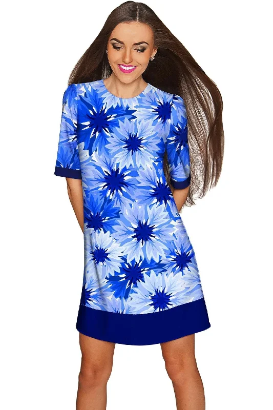 Wild Bloom Grace Blue Floral Elegant Shift Dress - Women