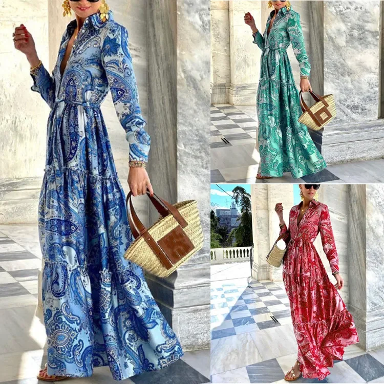 Women Ramadan /Eid Fashion Boho Paisley Printing Long Sleeve Dress Zara floral dresses