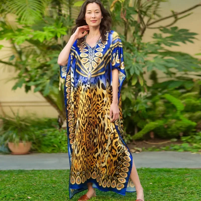 Women Ramadan /Eid Fashion Casual Leopard Printing Batwing Sleeve Long Dress Best floral dresses for plus size