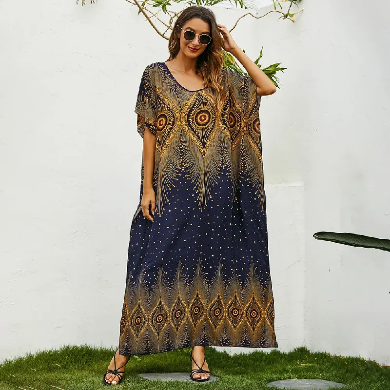 Women Ramadan /Eid Fashion Casual Printing Batwing Sleeve Long Loose Dress Cute floral print summer dresses